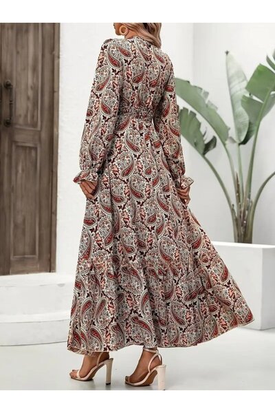 My Reality Fashion Women's Long Sleeve V-Neck Elastic Waist Patterned Single Jersey Dress