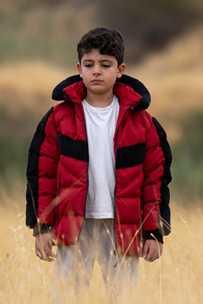 FREE ARSLAN COLLECTİON Boy's Inflatable Water Repellent Black Children's Coat with Plush Fur Inside and Detachable Hood