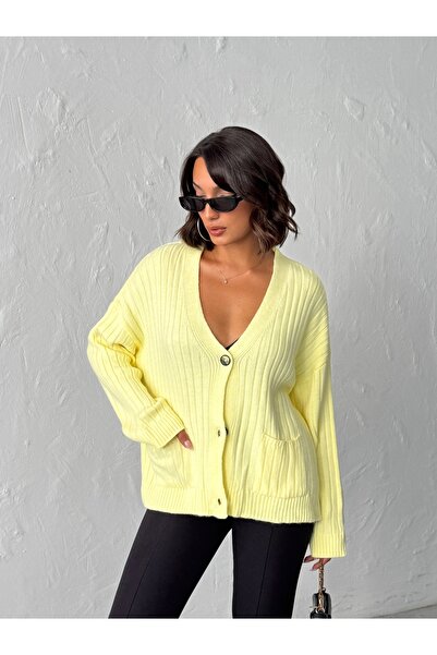 BEJNA Women's Yellow V-Neck Buttoned Pocketed Ribbed Knit Cardigan