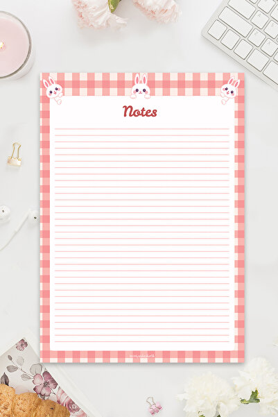 İnci Rüyası Hediyelik Striped A4 Notepad, Notebook, Notepad, Notes with Plaid Pattern and Cute Rabbit Design