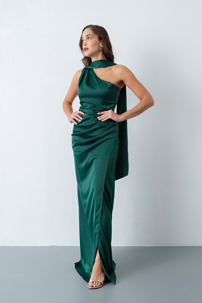 Lafaba Γυναικείο Σμαραγδένιο Πράσινο Φόρεμα Βραδινό Φόρεμα με Σκίσιμο Μακρύ Σατέν