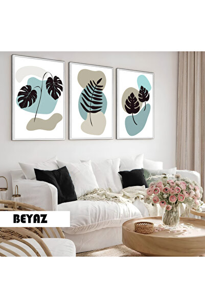Harikabirev Children's Room Living Room-Minimalist Modern Bohemian Blue-Gray Leafy | Wooden Framed 3-Piece Mdf Ahmdf