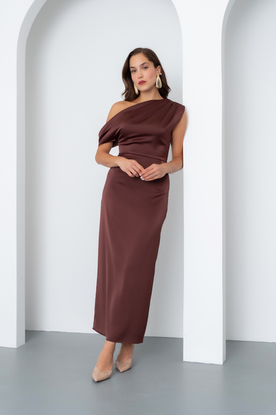 Lafaba Women's Brown Degaje Collar Slit Satin Midi Dress