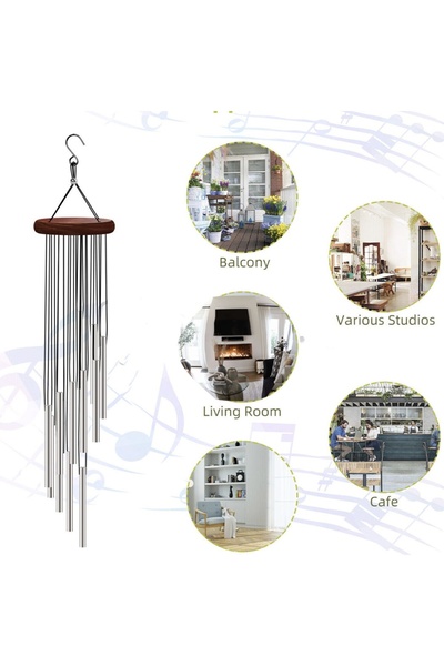 PUFO Wind chime with 12 mini silver metal sound tubes for home or garden, Feng-Shui model