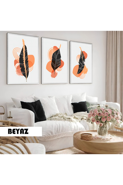 Harikabirev Children's Room Living Room-Minimalist Modern Bohemian Leaves X3 | Wooden Framed 3-Piece Mdf Ahmdf