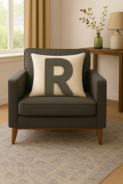 ALAMODECOR Husă pentru pernă cu litere A, imprimată digitală pe două fețe, aspect crem, culoare antracit, 1 bucată 43X43