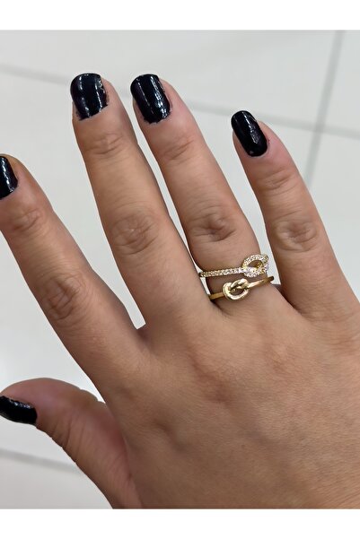 Hicrans Takı DÜĞÜM MODEL TAŞLI İKİ SIRALI AYARLANABİLİR GOLD VİP SERİ YÜZÜK