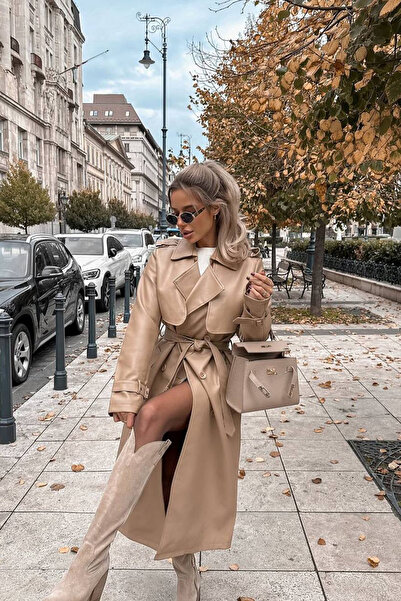 Neşeli Butik Women Faux Leather Button Pocket Detail Full Length Trench Coat Nbemp2617