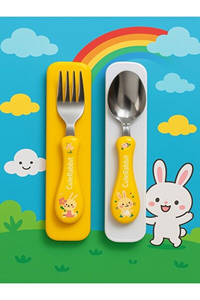 Tasarım Evi Çocuk Silikon Saplı Figürlü Metal Uçlu Kaşık ve Çatal - Mama Kaşığı Seti -Sarı
