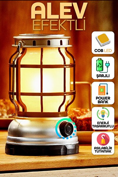 Telvesse Şarjlı Solar Kamp Lambası - Alev Efektli Powerbank Özellikli Su Geçirmez LED Işıldak Gri 47721
