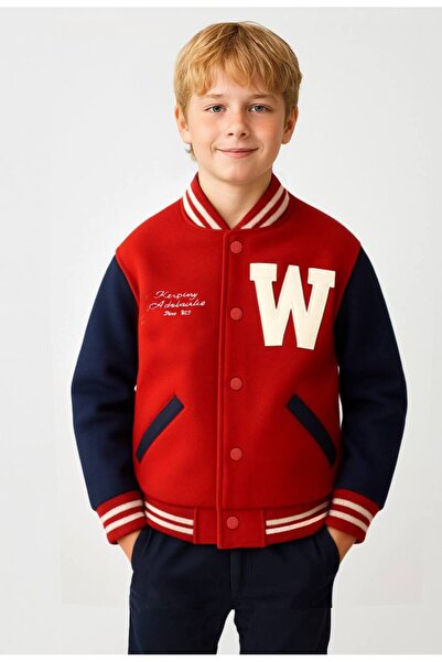 Uğur bebe 100% Cotton Three-Thread Raised Collar College Children's Cardigan Jacket – Red Navy Blue, Snap Fasteners, Letter W