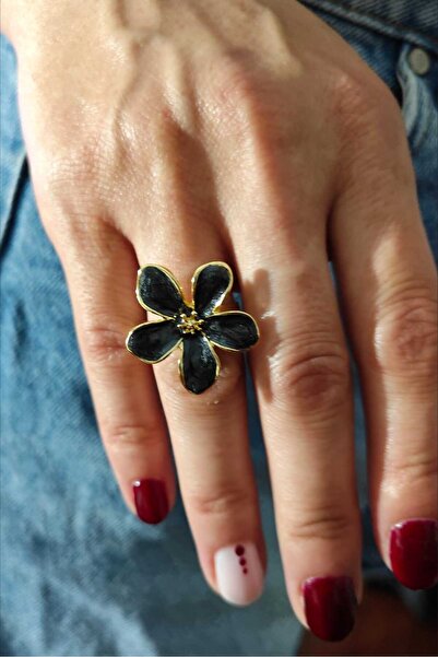 KYOLA DESİGN Siyah Yapraklı Çiçek Gold Kadın Yüzük (3cm)