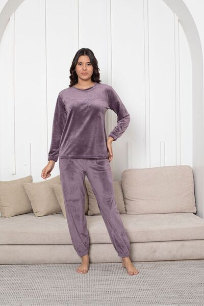 Asel Women's Lilac Velvet Long Sleeve Cuffed Pajama Set