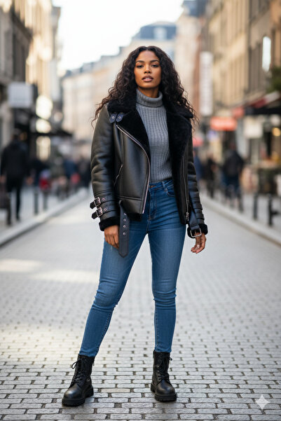 royalmoni Hakiki Deri Yandan Fermuarlı Siyah Kadın Deri Ceket