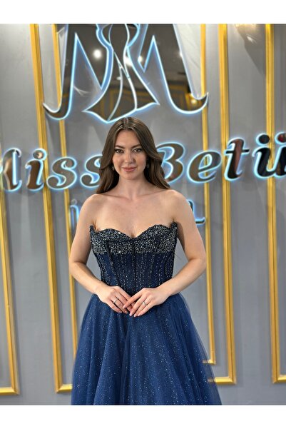 MissBetül Straplez Göğüs Taşlı Şerit Detaylı Abiye Nişan Elbisesi