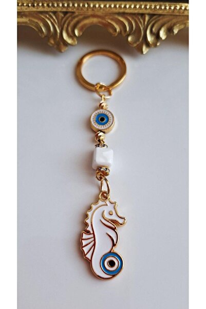 Svc Aksesuar Gift Evil Eye Beaded Luck Seahorse White Keychain 10.5 cm
