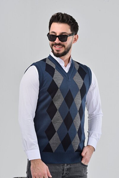 HEDEFNUR TEKSTİL Μπλε ανδρικό και μεσήλικο πλεκτό πουλόβερ με σχέδιο μπακλαβά...