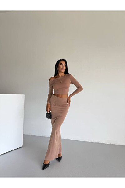 Cuyka Women's One Shoulder Long Sleeve Crop Blouse & High Waist Long Skirt Sandy Fabric Two Piece Set