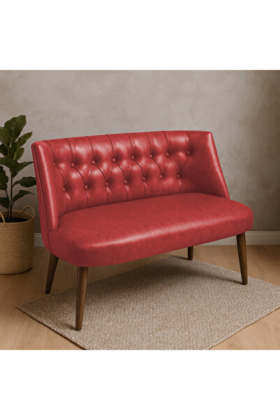 Azra Mobilya Milano İkili Modern Koltuk - Deri Kumaş - Ahşap Ayak - Kırmızı