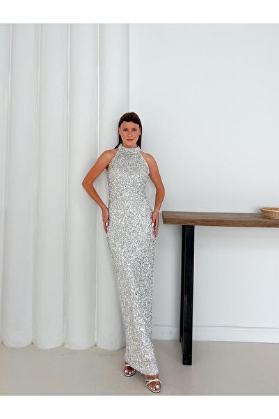 Livanomi Halter Yaka Payetli Gümüş Abiye Elbise
