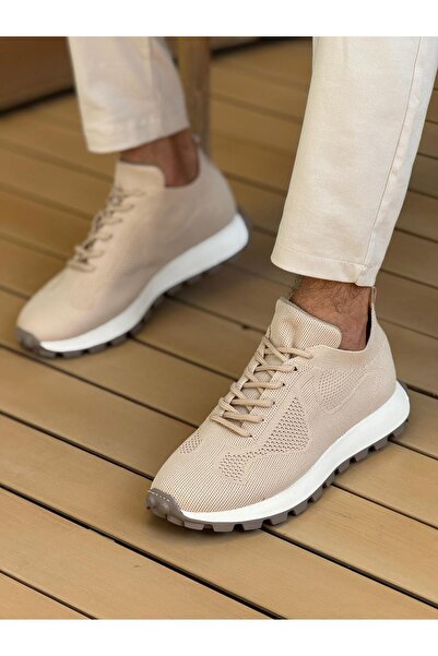 pabucmarketi Lace-Up Knitwear Men's Sneaker Shoes Beige