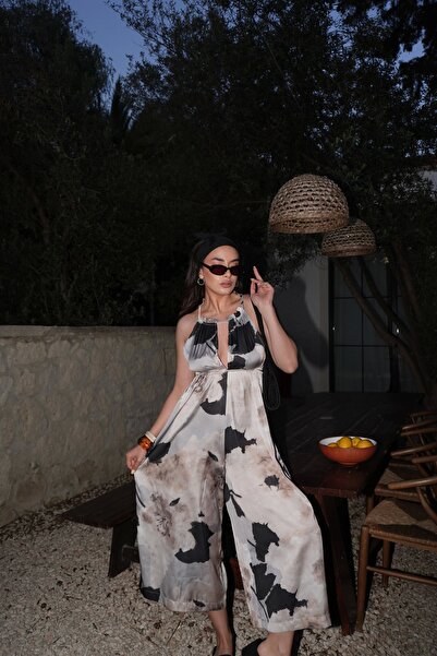 Eka Women's Black Patterned Satin Jumpsuit 1040-4077