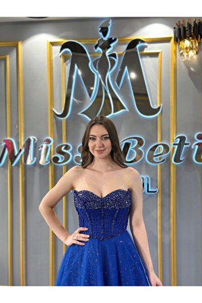MissBetül Straplez Göğüs Taşlı Şerit Detaylı Abiye Nişan Elbisesi
