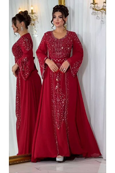 ZENABİYEM Zena Fashion Taş Baskı Çift Etekli Kemerli Abiye