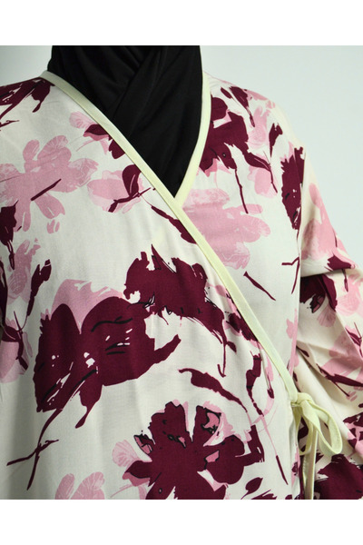 Bilenler Φόρεμα προσευχής με διπλό στήθος με σχέδιο με φύλλα – 100% βισκόζη, με πλαϊνά κορδόνια, μέγεθος 36-46