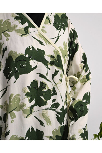 Bilenler Φόρεμα προσευχής με διπλό στήθος με σχέδιο με φύλλα – 100% βισκόζη, με πλαϊνά κορδόνια, μέγεθος 36-46