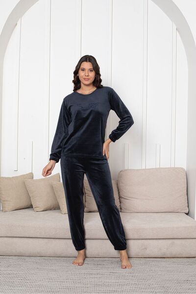 Asel Women's Navy Blue Velvet Long Sleeve Cuffed Pajama Set