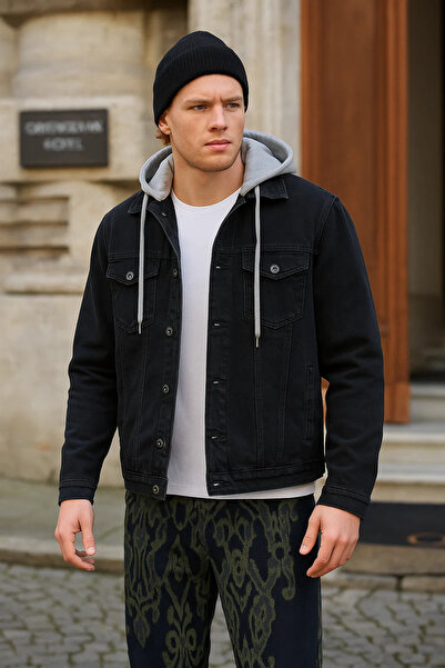 DAMGA JEANS سترة رجالية أساسية موسمية بغطاء للرأس من الدنيم الأسود