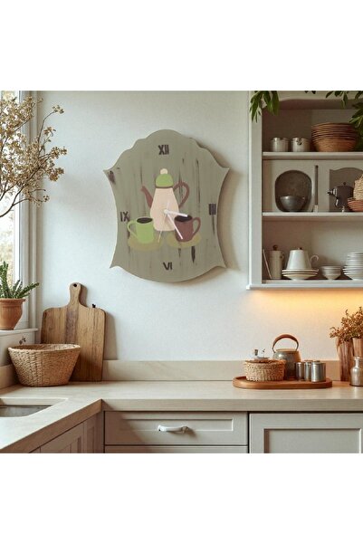 Decoratiuni Vintage Casa Retro Ceas perete bucatarie, ceainic cu cesti, pictat manual, lemn, inltime 40 cm