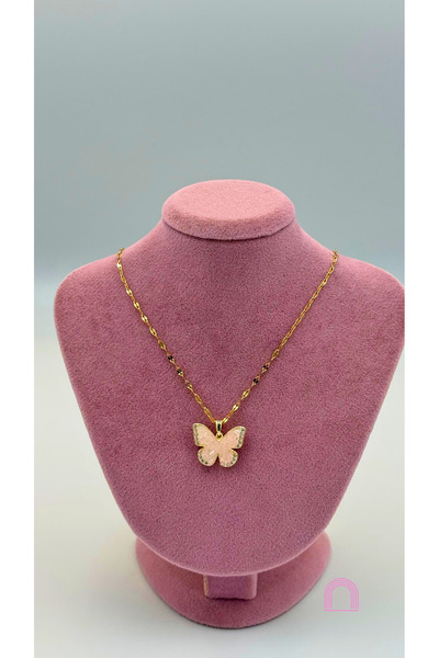 Moond Accessories الفولاذ الوردي فراشة قلادة مفصلة