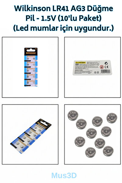 Mus3D Wilkinson LR41 AG3 Düğme Pil - 1.5V (10'lu Paket) (Led mumlar için uygundur.)