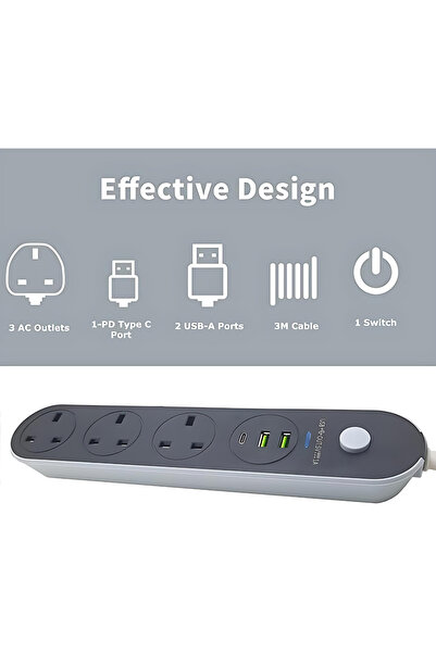 Geneic سلك تمديد الطاقة 3M يحتوي على 2USB 1PD Type C و3 مقابس طاقة بريطانية، 13 أمبير (5M-3PW-2USB-1PD)