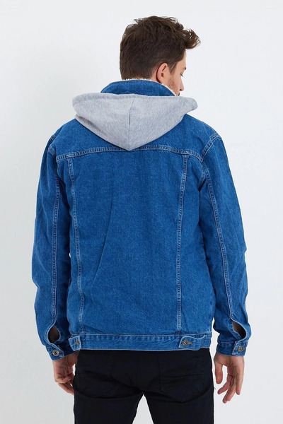DAMGA JEANS Erkek Kürklü Kışlık Bol Mavi Kapşonlu Kot Ceket