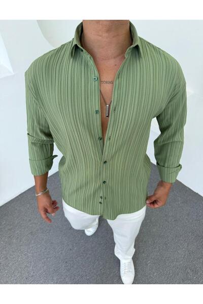 DEFES Erkek Oversize Gömlek Dokulu Mevsimlik Uzun Kollu Dökümlü