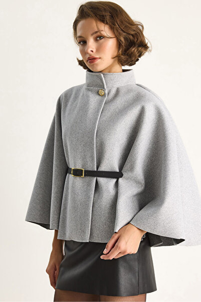 Bianco Lucci Women's Gold Button Detailed Belted Poncho 2712 60261570