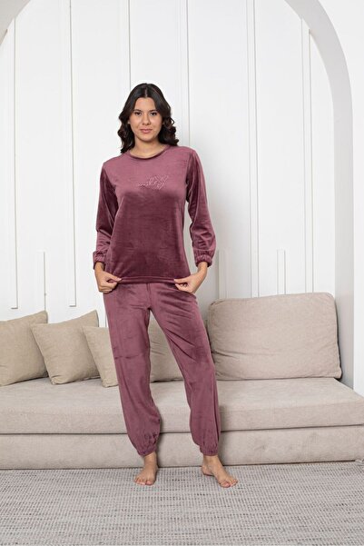 Asel Women's Powder Velvet Long Sleeve Cuffed Pajama Set
