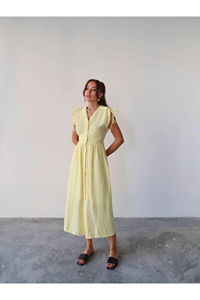 hedef giyim Buttoned Sleeve Lace-Up Sleeveless Waist Elastic V-Neck Dress