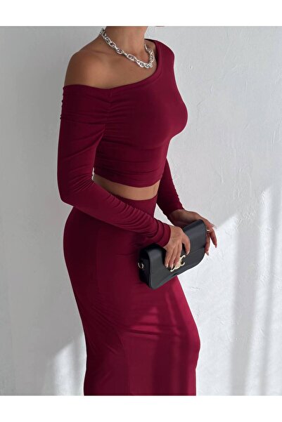 Cuyka Women's One Shoulder Long Sleeve Crop Blouse & High Waist Long Skirt Sandy Fabric Two Piece Set