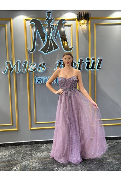 MissBetül Straplez Üstü Taşlı Tül Etek Abiye Nişan Elbisesi