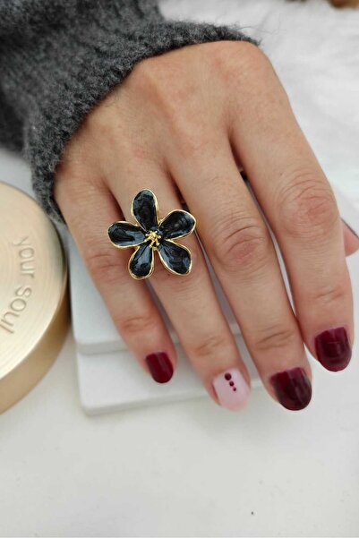 KYOLA DESİGN Siyah Yapraklı Çiçek Gold Kadın Yüzük (3cm)