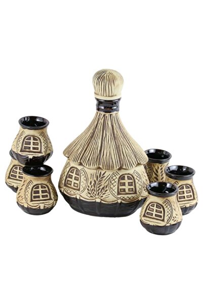 velve Set ornamental, practic, din ceramica cu sticla in forma de coliba si 6...