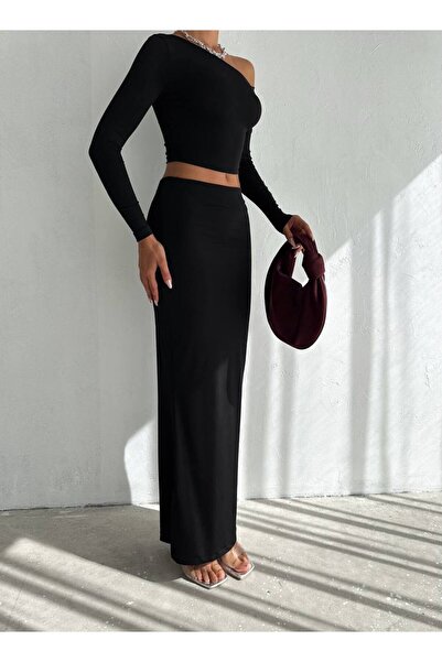 Cuyka Women's One Shoulder Long Sleeve Crop Blouse & High Waist Long Skirt Sandy Fabric Two Piece Set