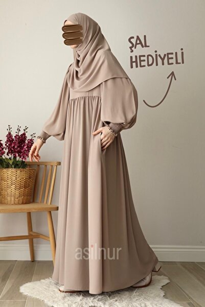 ASİLNUR Hüsna Balloon Sleeve Ferace Shawl Gift Set Stone
