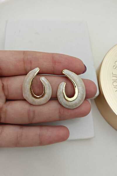 KYOLA DESİGN White Enamel Double-Way Gold Women's Earrings (3cm)