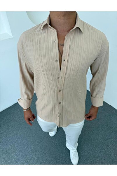 DEFES Men's Oversize Shirt Textured Seasonal Long Sleeve Flowy