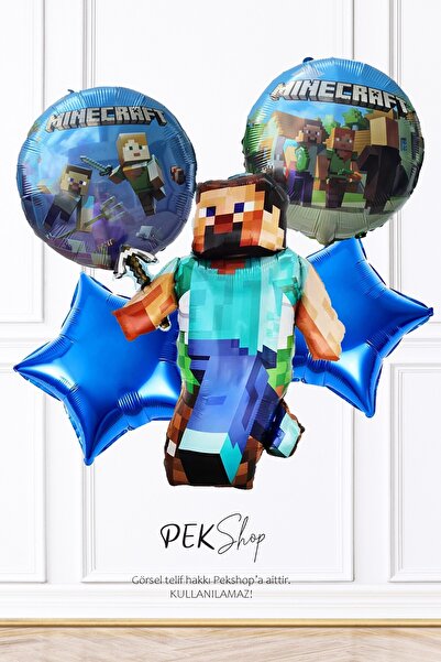PEKSHOP Minecraft Folyo Balon Seti 5li Minecraft Tema Doğum Günü Balonları